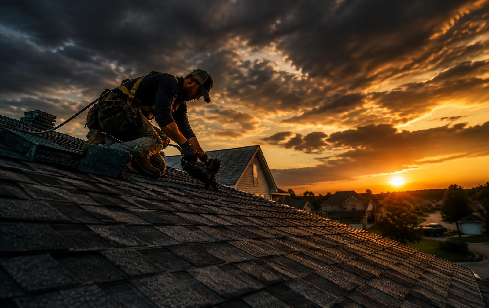 Roofer installing shingles at sunset